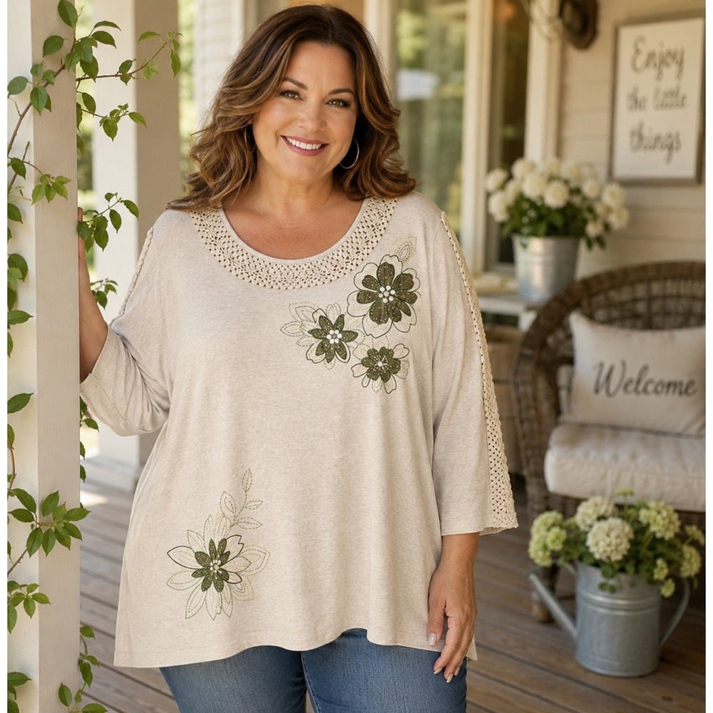 Embroidered Floral Crochet Lace Trim Knit Top Oatmeal Olive Green 3/4 Sleeve